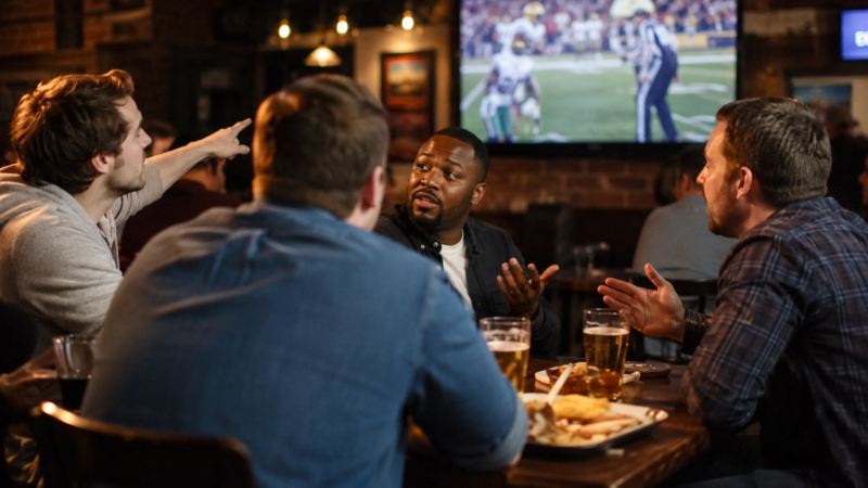Sports fans debating a controversial call while watching a game at a sports bar
