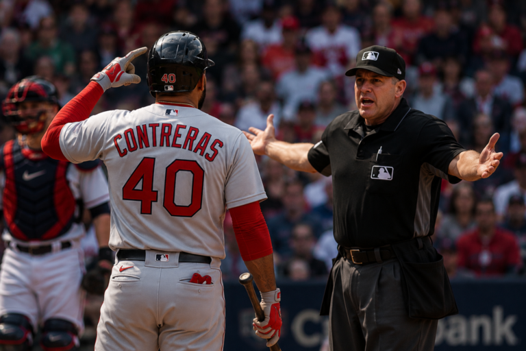 Illustrative editorial image of Willson Contreras of the Boston Red Sox questioning an umpire after his ejection following a disputed check-swing call